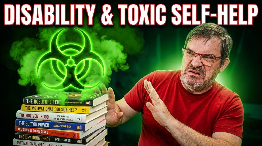 Disability and toxic self-help books with a biohazard symbol and man with a disgusted expression.