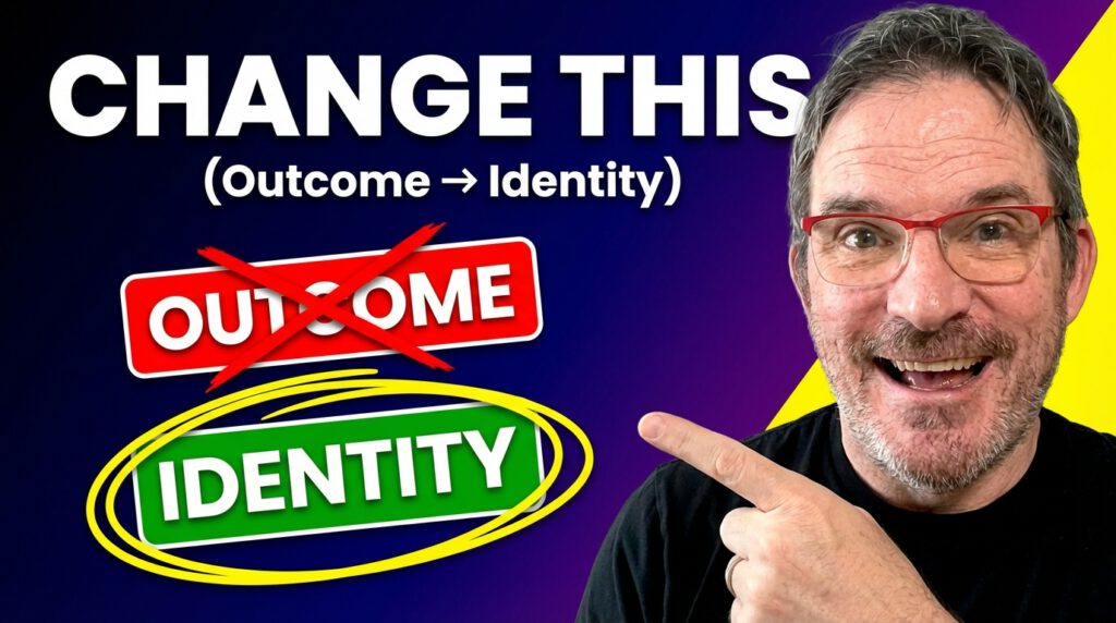 Etienne pointing out the word Outcome crossed out with the word Identity circled being it, all under the inscription "Change this"