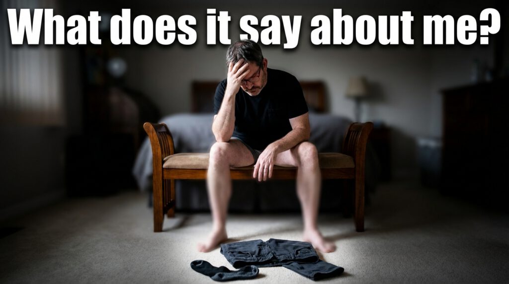 a man half-dressed with his pants and socks on the floor holding is forehead under the inscription : "what does it say about me?"