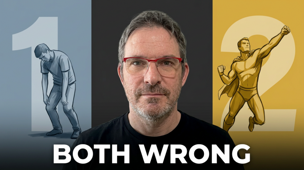 Etienne's face is centered and dominant, flanked by two tinted background figures representing the two disability archetypes — the pitiful charity object on one side and the caped superhero on the other — each in a distinct color column A short bold overlay text says "Both Wrong" and hints at a third, better path without echoing the title.