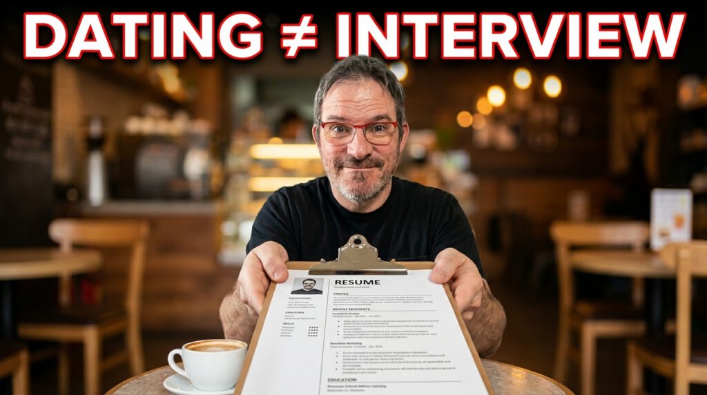 Man depicted at a small cafe table with a cup of coffee, but instead of looking relaxed, wearing an overly stiff nervous inquisitive smile, holding out a literal clipboard with a resume on it toward the camera (as if the viewer is the date).