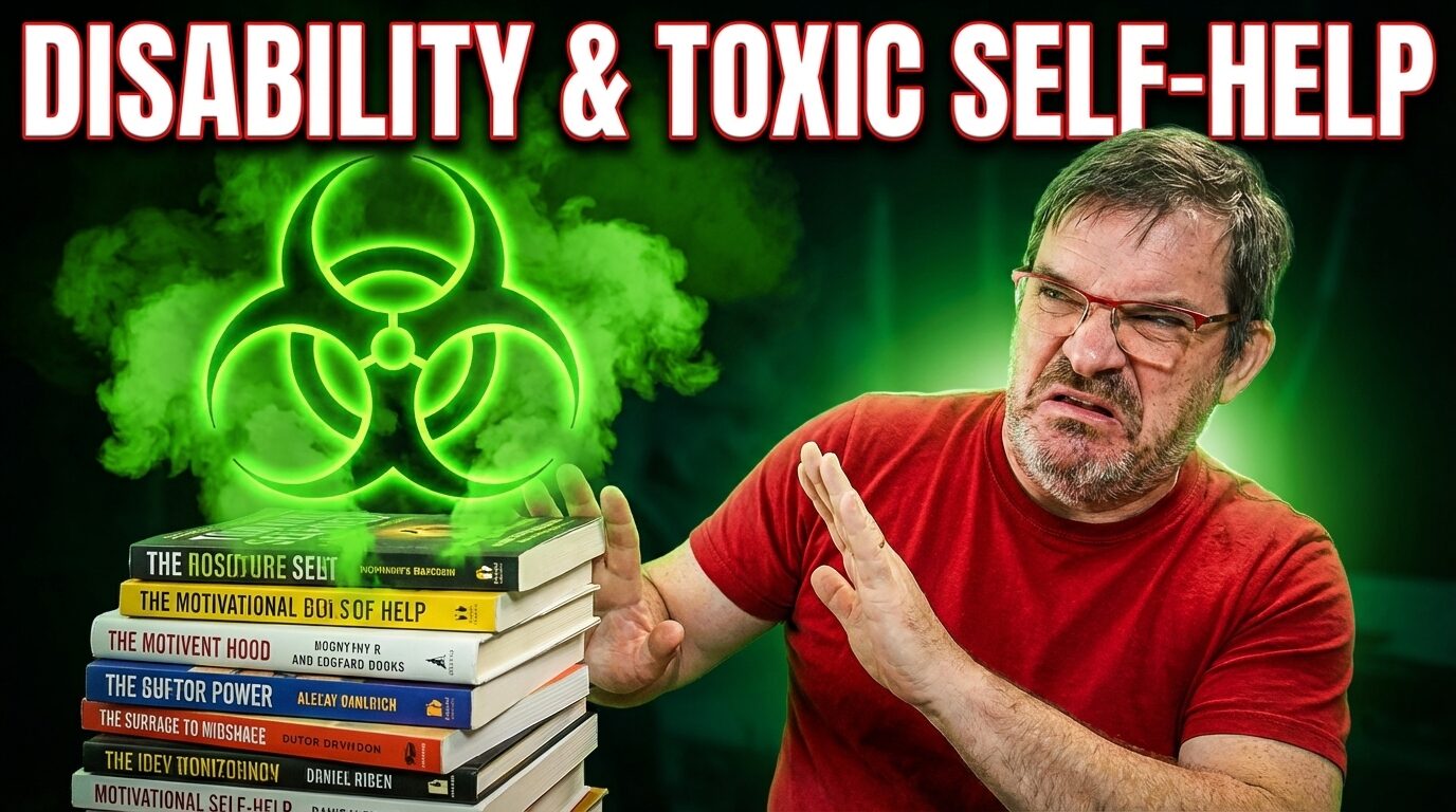 Disability and toxic self-help books with a biohazard symbol and man with a disgusted expression.