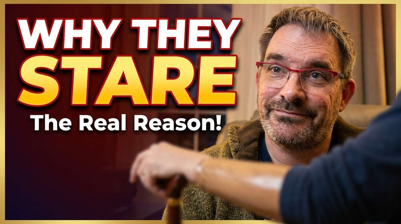 and an over-the-shoulder shot of Etienne with text "Why they stare : the real reason!"