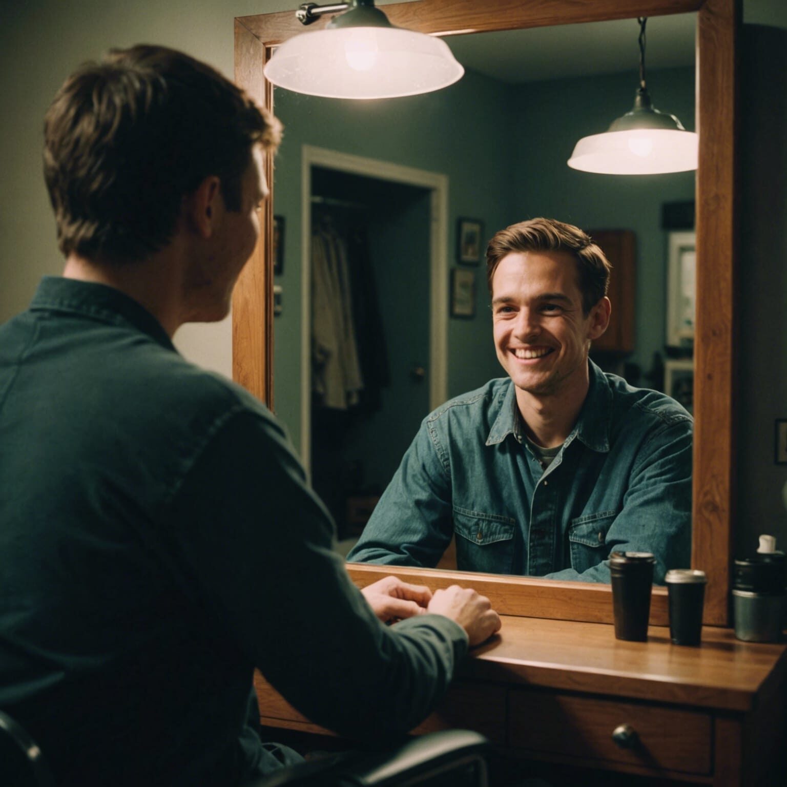 a man looks at himself in the mirror, smiling