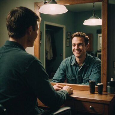 Man smiling at his reflection, accepting a disability and finding self-acceptance.